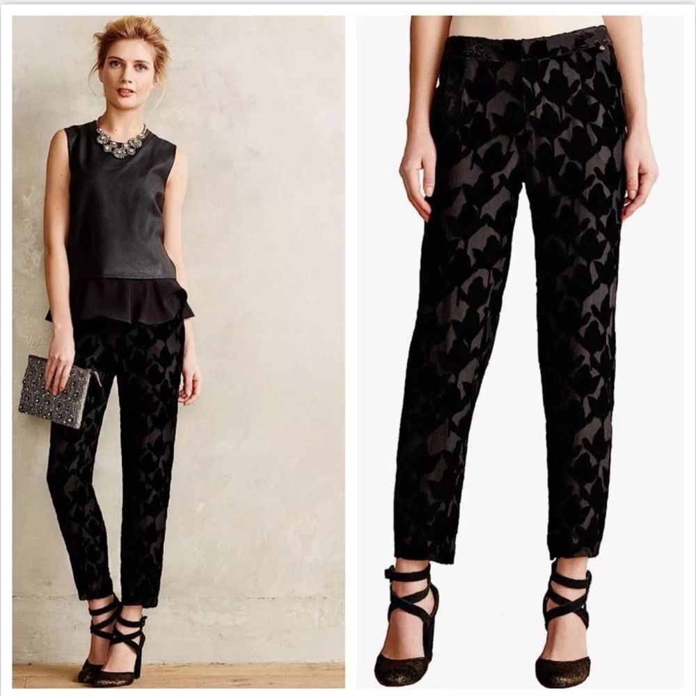 Anthropologie Harlyn Sienna Black‎ Floral Velvet Burnout Tapered Pant Size 6 NWT